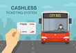 Hand holding a public transport cashless ticketing system card. City bus on the road. Flat vector illustration template.