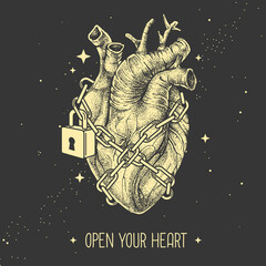 Wall Mural - Modern magic witchcraft card with realistic human heart chained with a padlock on space background. Vetor illustration