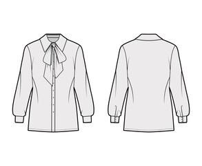 Wall Mural - Pussy-bow shirt technical fashion illustration with long sleeves with cuff, relax fit, front button-fastening, regular collar. Flat apparel template front back, grey color. Women unisex top CAD mockup