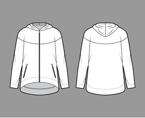 Wall Mural - Zip-up oversized cotton-fleece hoodie technical fashion illustration with zipper jetted pockets, relaxed fit, long sleeves. Flat jumper template front, back, white color. Women, men sweatshirt top CAD