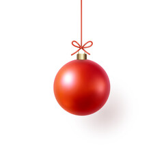 Wall Mural - Christmas tree ball with bow isolated on white background. Vector red glass xmas bauble element design