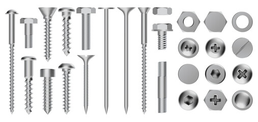 Realistic metal screws. Construction steel screw, hex cap nuts, rivets and bolts, drywall metal fastening vector illustration icons set. Hardware objects for fixing, repairing and construction