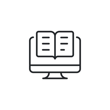 Digital book app, ebook in monitor screen for online learning media technology. Electronic paper for training and teaching. Read Literature. Line Vector illustration. Design on white background EPS 10