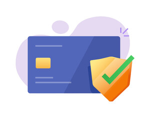 Poster - Credit bank card identity protection secure online vector concept, flat cartoon online money insurance fraud check shield service, digital cash security phishing risk safety icon