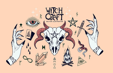 Wall Mural - A collection of witchcraft signs and traditional symbols. Hand craft elements with crystals, a ram skull, witch hands, spells and charms.