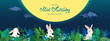 © MySunShine - Happy Mid Autumn Festival. Banner with hares and full moon, hand drawn lettering. Cover social network with rabbits, clouds, flowers, leaves, asian night landscape. Panorama. Vector illustration.