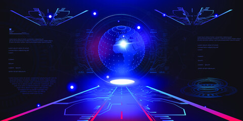 Poster - holographic blue glowing 3d ball or earth energy shield in futuristic space of user hud interface. g