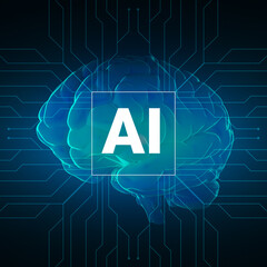 Artificial Intelligence Concept. Digital brain with electronic neural connections and AI lettering