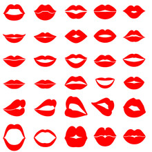 Woman's Lip Gestures Icon Vector Set. Girl Mouths Close Up Expressing Different Emotions Illustration Sign Collection. Kiss Symbol. 
