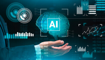 Poster - Creative Colage Of Businessman Holding Digital 3D Brain With AI Lettering