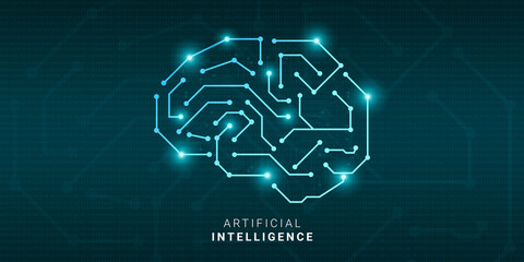 Poster - Conceptual Illustration For Artificial Intelligence With Circuit Brain Over Binary Code Background