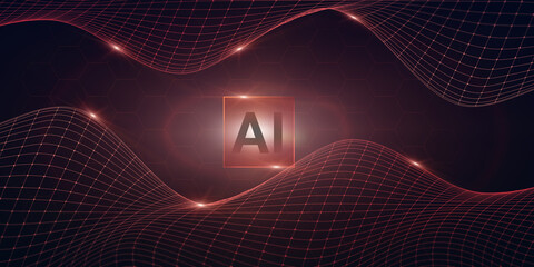 Poster - Abstract Digital Background With AI Logo And Wave Mesh Over Hexagon Cells