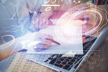 multi exposure of woman's hands on background with technology and digital coding icons. data develop