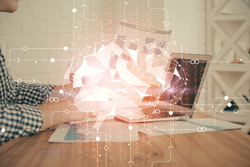 Canvas Print - Man typing on keyboard background with brain hologram. Concept of big Data. Double exposure.