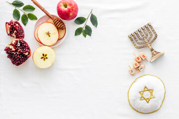 Wall Mural - Jewish holiday background - food for Rosh Hashanah. Above view