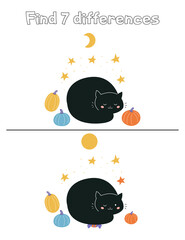 Wall Mural - Educational game for children. Find 7 differences. Halloween theme. Cute cartoon black cat with pumpkins. Night sky. Vector illustration.