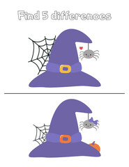 Wall Mural - Halloween educational game for children. Find 5 differences. Cute cartoon spider and witch hat. Vector illustration.