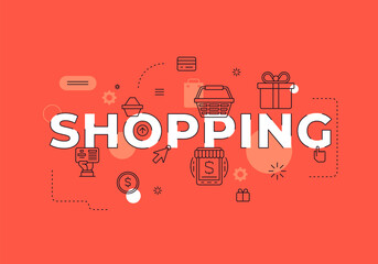 Poster - Shopping text concept modern flat style vector illustration red banner with outline icons