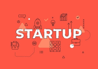 Poster - Startup text concept modern flat style vector illustration red banner with outline icons