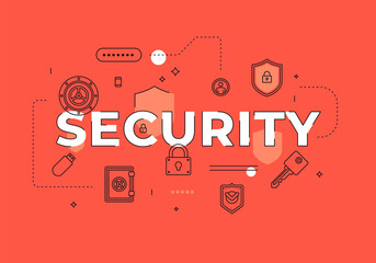 Poster - Security text concept modern flat style vector illustration red banner with outline icons