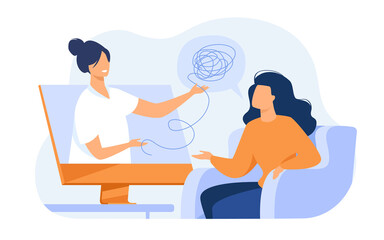 Woman consulting psychologist online. Doctor and patient discussing mental tangled rope, using computer for distance talk. Vector illustration for counseling, therapy, psychology, support concept.