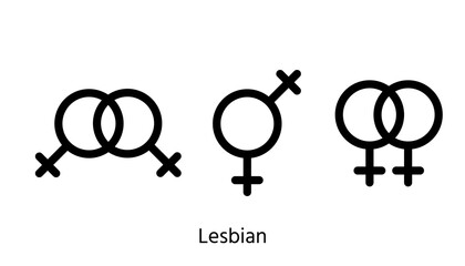 Lesbian gender symbols. Vector. Orientation signs. Set outline black icons isolated on white background. Simple illustration. Sexual concept.