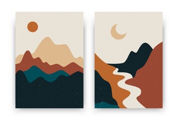 Wall Mural - abstract landscape posters. contemporary boho background set, modern sun moon mountains minimalist w