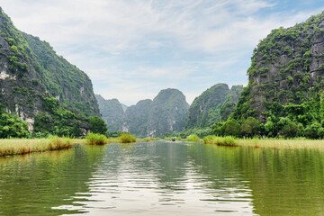 Wall Mural - Natural karst towers reflected in the Ngo Dong River, Vietnam