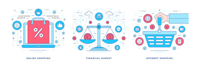 Poster - Set of flat vector illustrations graphic line banners with icons designed for online shopping and financial market