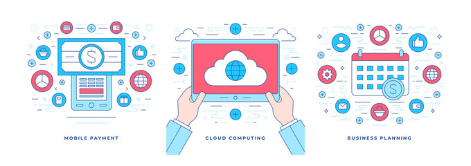 Poster - Set of vector illustrations flat line banners with colorful graphic icons for digital solutions and successful business