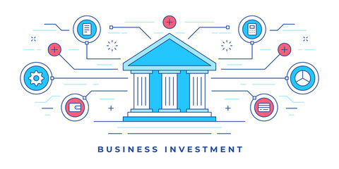 Poster - Vector illustration of flat line banner with graphic icons around bank building for business investment marketing