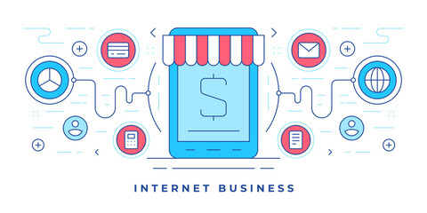 Poster - Vector illustration of flat line banner with icons modern tablet and online shop on website promoting internet business