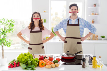 Sticker - Two funny people enjoy hobby cooking have red hot chilli pepper nose imagine fake mustache comic humor joking prepare dinner in kitchen house indoors