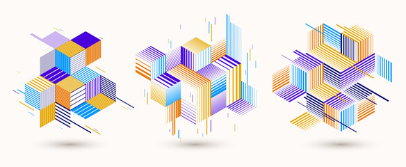 Poster - Line design 3D cubes and triangles abstract backgrounds set, polygonal low poly isometric retro style templates. Stripy graphic elements isolated. Templates for posters or banners, covers or ads.