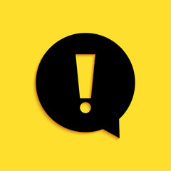 Poster - Black Exclamation mark in circle icon isolated on yellow background. Hazard warning symbol. Long shadow style. Vector.