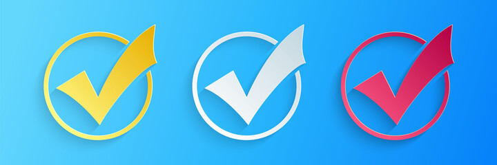 Poster - Paper cut Check mark in round icon isolated on blue background. Check list button sign. Paper art style. Vector.