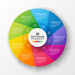 Circle chart infographic template with 9 options,Vector illustration.