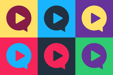 Poster - Pop art Play in circle icon isolated on color background. Vector.