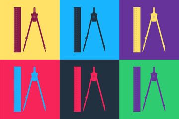 Poster - Pop art Ruler and drawing compass icon isolated on color background. Drawing professional instrument. Geometric equipment. Education sign. Vector.