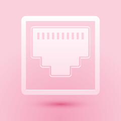 Poster - Paper cut Network port - cable socket icon isolated on pink background. LAN port icon. Ethernet simple icon. Local area connector icon. Paper art style. Vector.