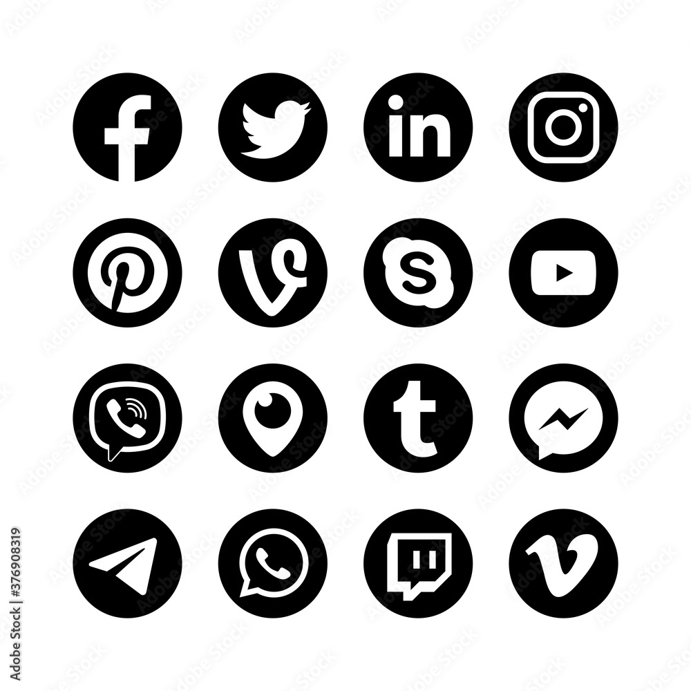 Social networks black icons. Facebook, tumblr, twitter, linkedin, whatsapp,  instagram, pinterest, skype, youtube, telegram, viber, vimeo, messenger  Stock Vector | Adobe Stock, image size:1000x1000