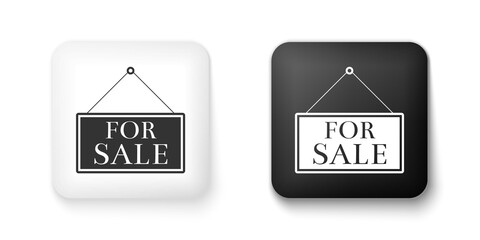 Wall Mural - Black and white Hanging sign with text For Sale icon isolated on white background. Square button. Vector.