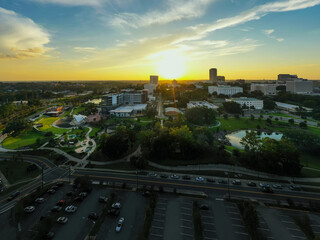 Fototapete - Aerial photo sunset Cascades Park Downtown Tallahassee FL USA