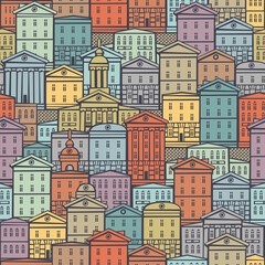 Poster - Decorative seamless pattern with old houses in retro style. European town with colorful cartoon buildings. Vector cityscape background, suitable for wallpaper, wrapping paper, textile, fabric
