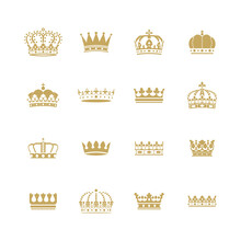 Collection Of Golden Crown Icons. Heraldic Vector Elements.