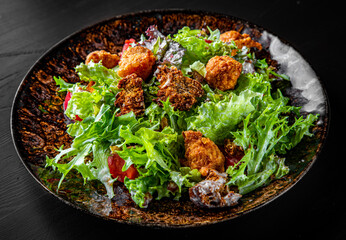 Sticker - Caesar salad with croutons, cheese, eggs, tomatoes and grilled chicken on wooden table.