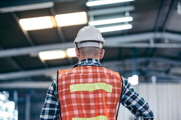 Wall Mural - Back view of industrial engineer or factory mechanic worker wear hard hat helmet and protective uniform walks through modern manufacturing facility, standing to check in production warehouse industry