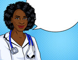 Fototapeta Młodzieżowe - Vector color illustration in pop art style. African American woman in a white nurse uniform. Black woman doctor with stethoscope over her neck