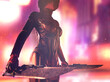 © archangelworks - cyborg woman with weapons in dark retro neon city environment with soft focus background