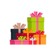 © RIMM_art - Christmas gift box. Vector flat present for design of holiday. Pile of boxes with ribbon, bow for surprise on birthday. Santa's gift for merry christmas.